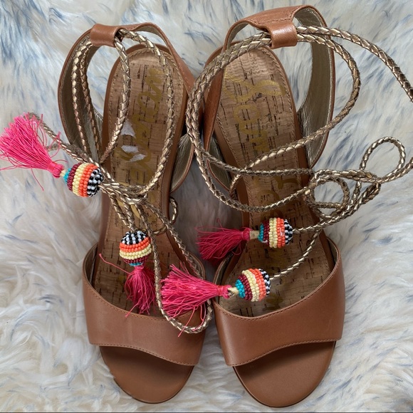 Sam Edelman Women’s Brown Block Heel Beaded Sandals Size 7 Beaded Tassel - Picture 10 of 16